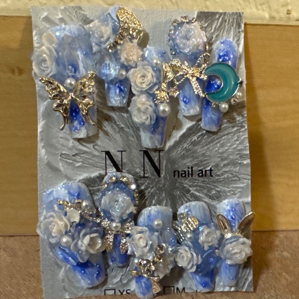 Blue White Marble 3D Floral Press On Nails Butterfly Moon Charms NEW